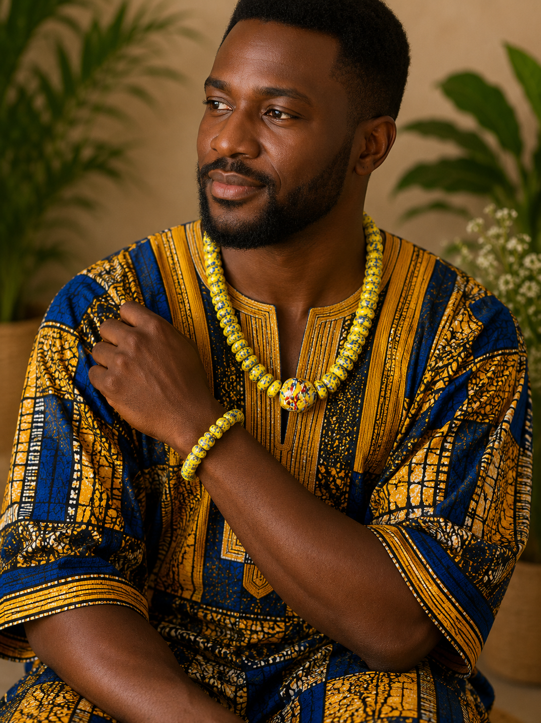 Royal Sun African Beaded Necklace – Yellow & Blue