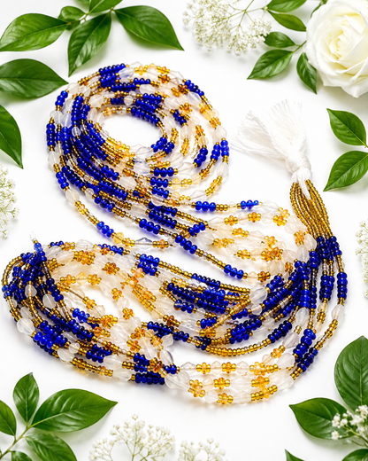 Royal Bloom Multi-Strand Waist Beads – Blue, Gold & White