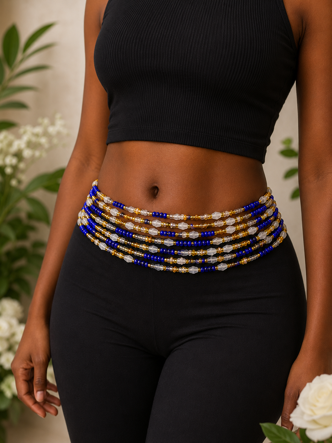 Royal Bloom Multi-Strand Waist Beads – Blue, Gold & White