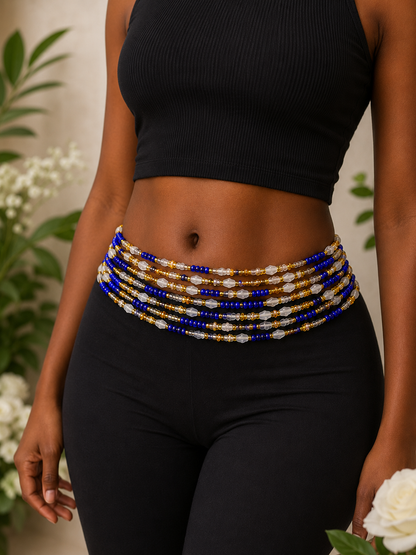 Royal Bloom Multi-Strand Waist Beads – Blue, Gold & White