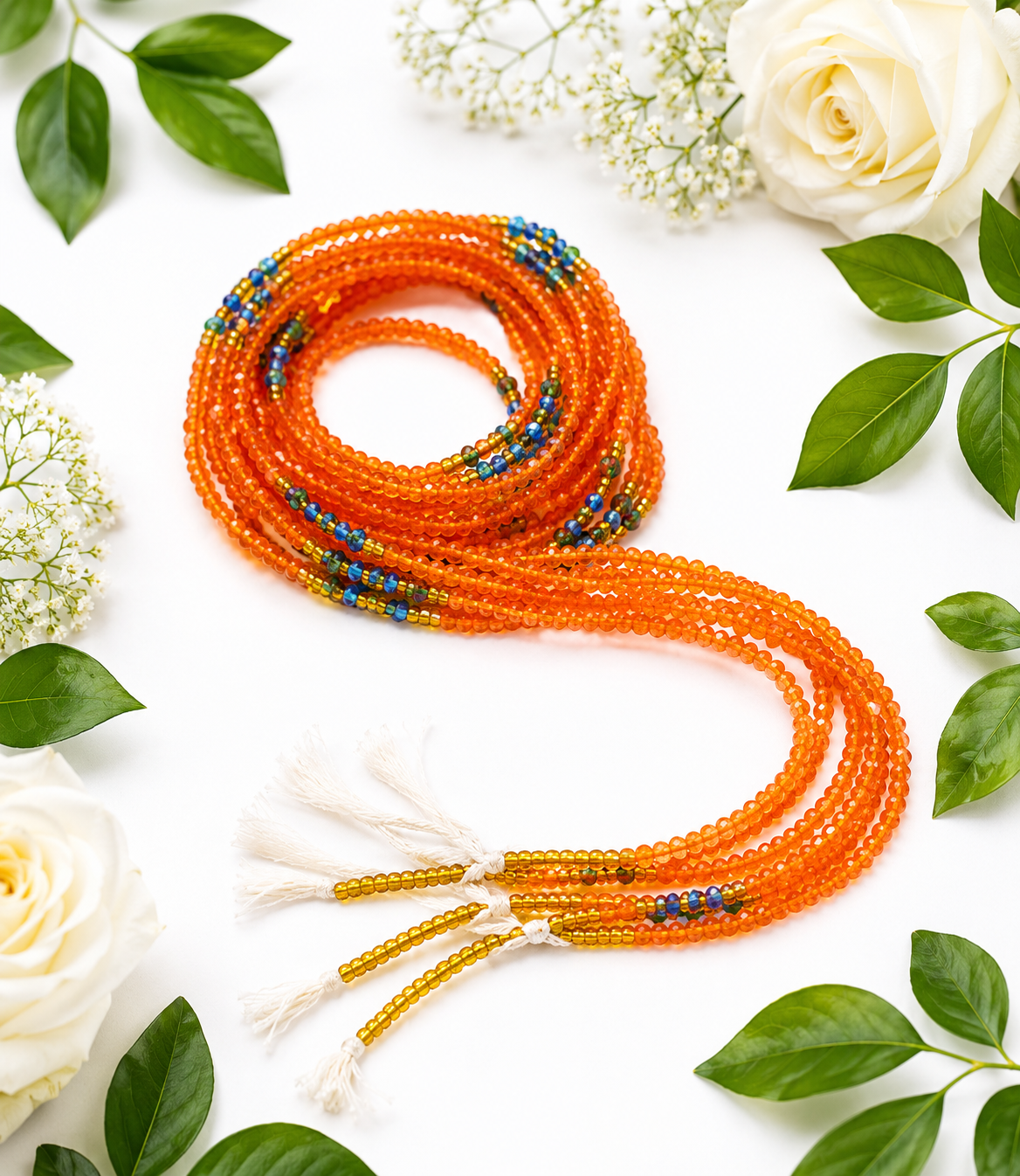 Sunset Ember Multi-Strand Waist Beads – Orange, Gold & Blue