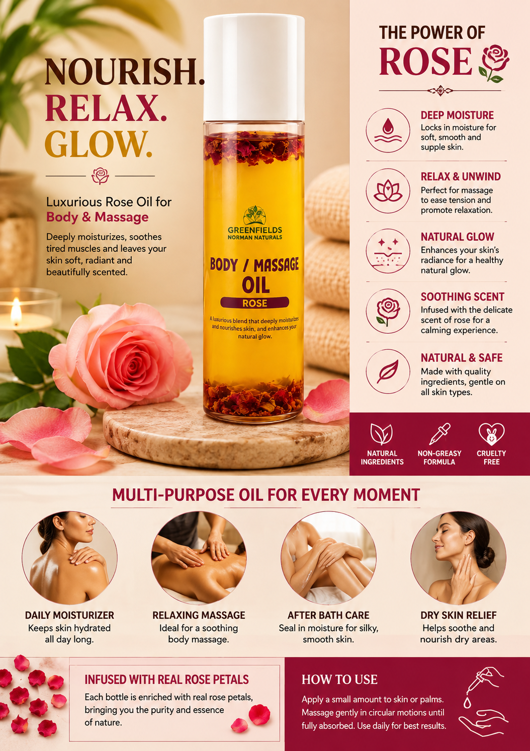 Rose fragrance infused body massage oil