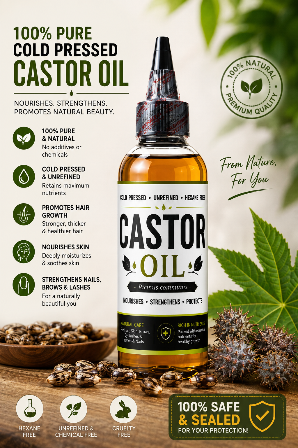 100% natural cold pressed castor seed oil